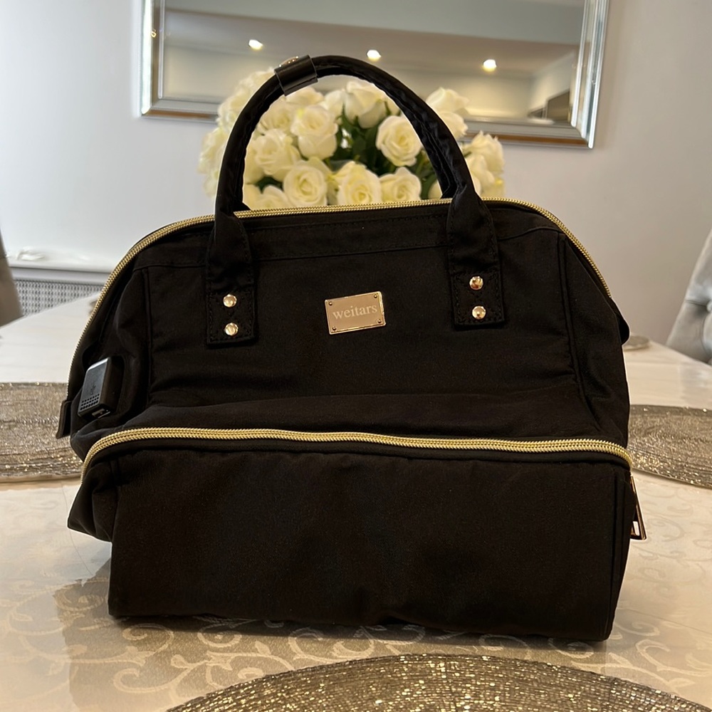 Black and Gold Insulated Lunch Box with USB Charger and Multiple Compartments